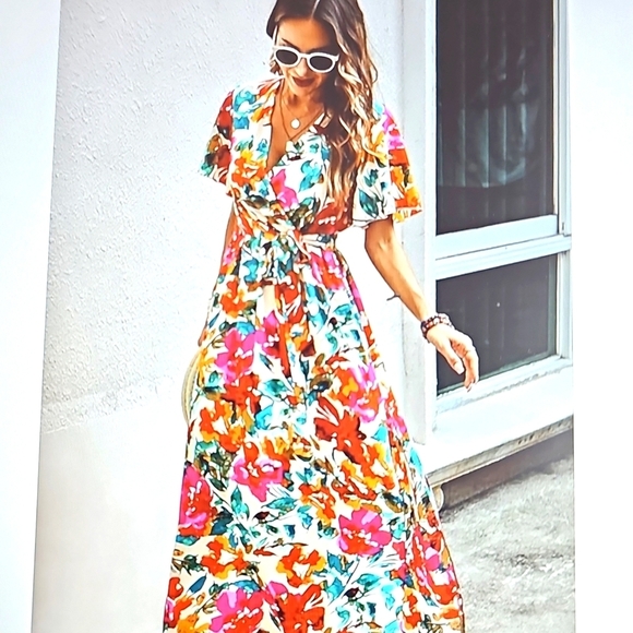 New CCTOO Colorful V Neck Short Sleeve Flowy Maxi Dress w Side Slit & Belt XL - Picture 5 of 14